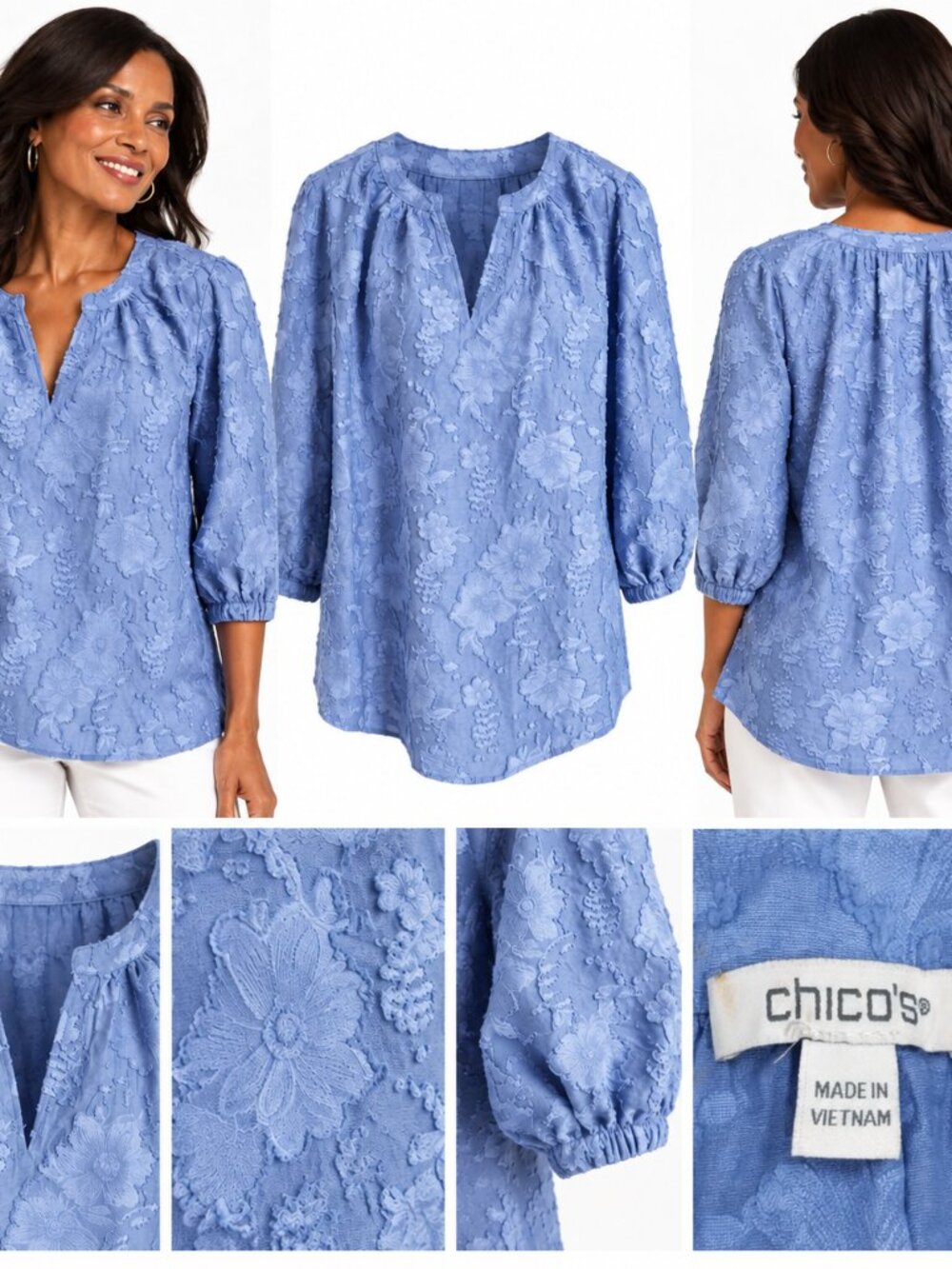 Chico's Sz 3 US 16 Periwinkle Jacquard Floral Split Neck Blouse Boho Romantic